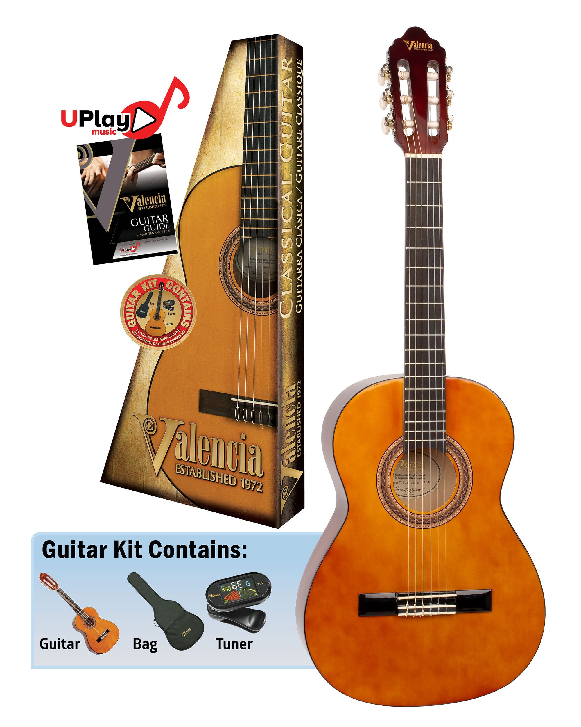 Valencia | VC103K | Classical Guitar Package | 3/4 Size | Natural Valencia | VC103K | Classical Guitar Package | 3/4 Size | Natural